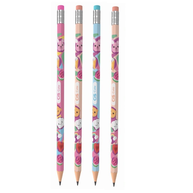Kit 4 Lápis Escrever HB Com Borracha Estampa Meninas CIS
