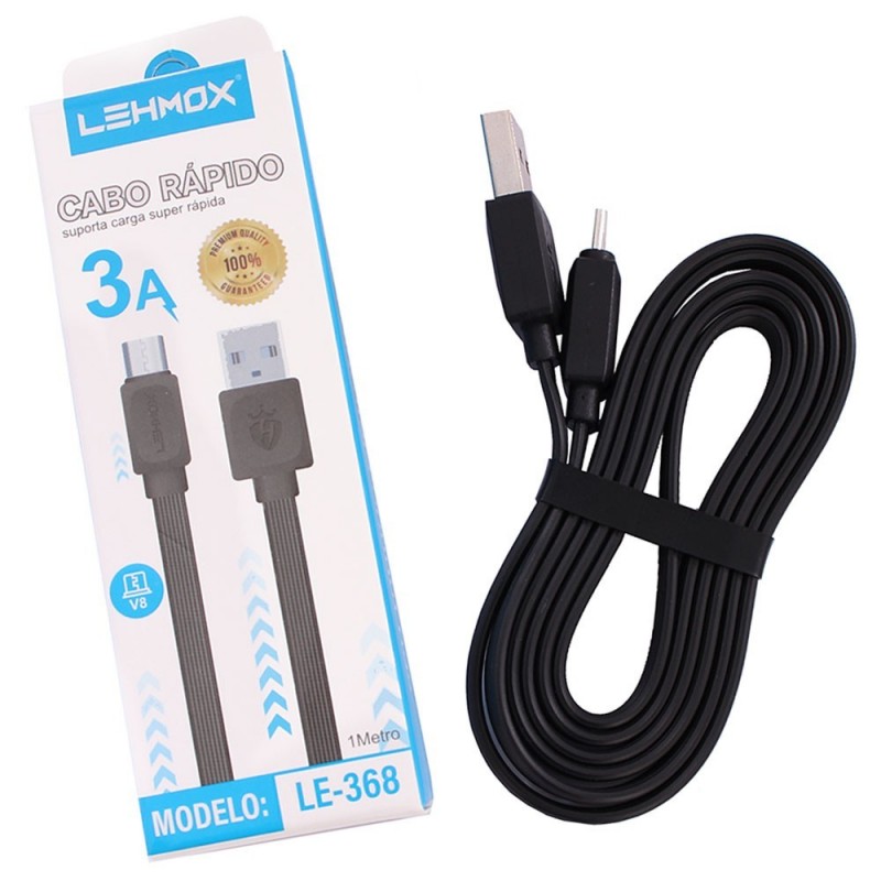 Cabo Micro USB V8 Turbo 1 Metro Emborrachado Lehmox LE-368