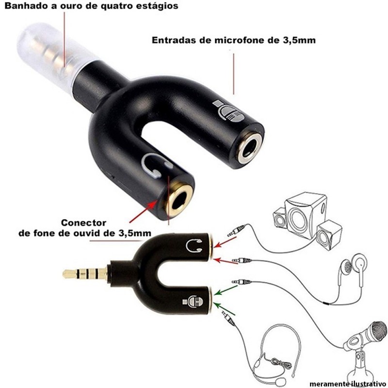 Adaptador Splitter P3 Headset Fone Microfone P2 X P3 Áudio