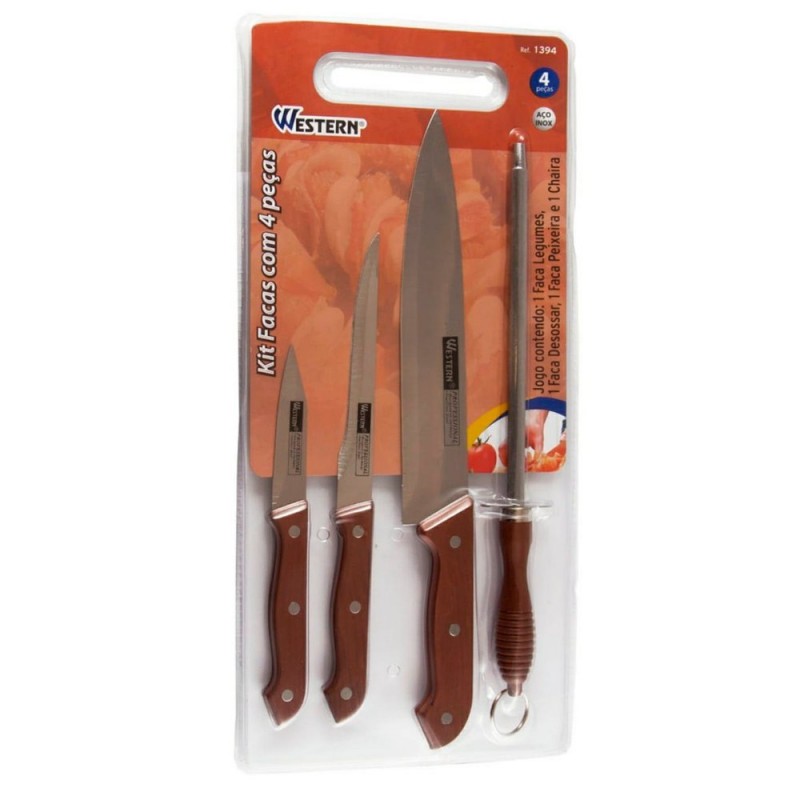 Kit Facas De Cozinha 4 Peças Com Chaira Em Aço Inox