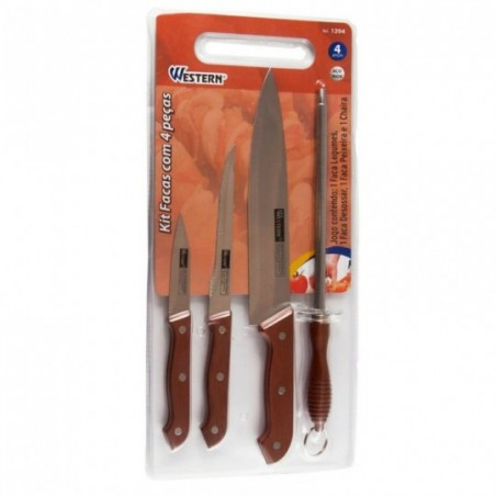 Kit Facas De Cozinha 4 Peças Com Chaira Em Aço Inox