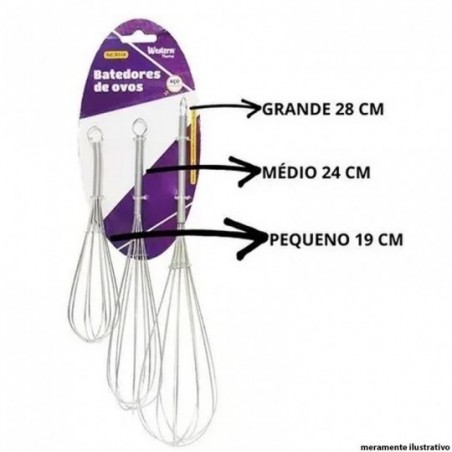 Conjunto De Fouet Batedor De Claras 3 Peças Aço Inox