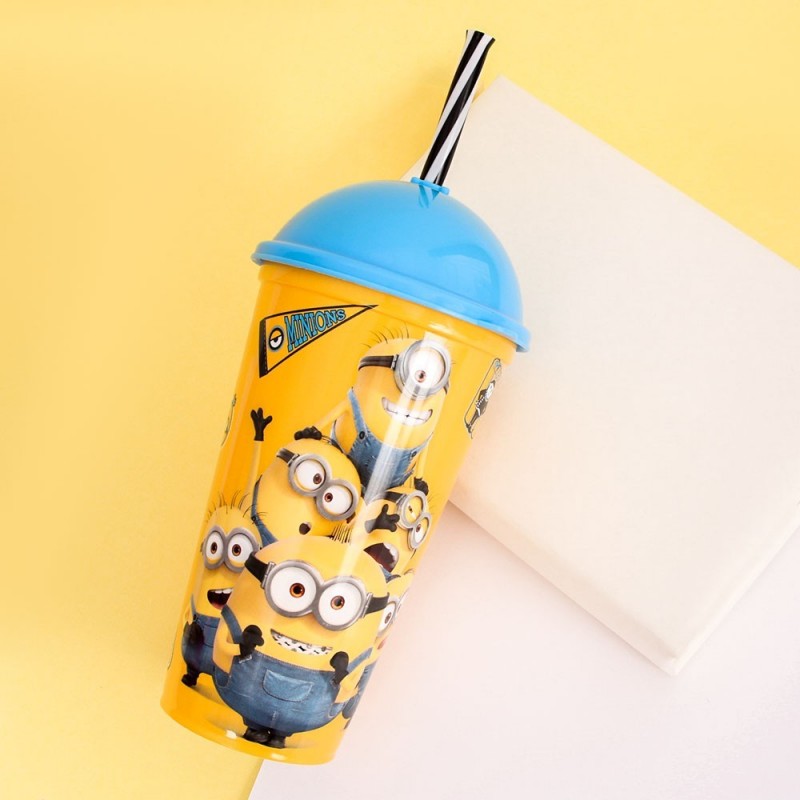 Copo Shake Personagens Minions 500ml Tampa Canudo Plasútil