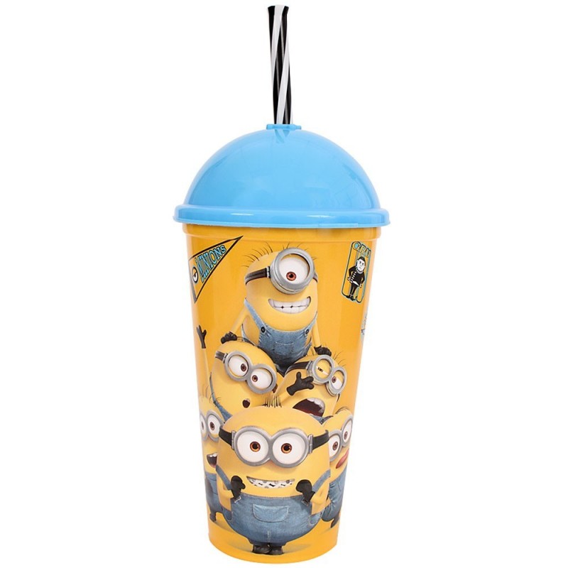 Copo Shake Personagens Minions 500ml Tampa Canudo Plasútil