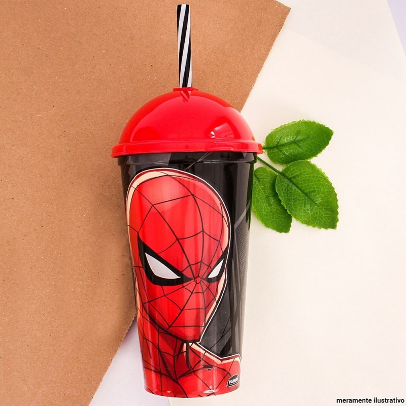 Copo Shake Heróis Homem Aranha 500ml Tampa Canudo Plasútil