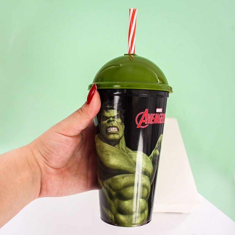 Copo Shake Heróis Hulk 500ml Com Tampa Canudo Plasútil