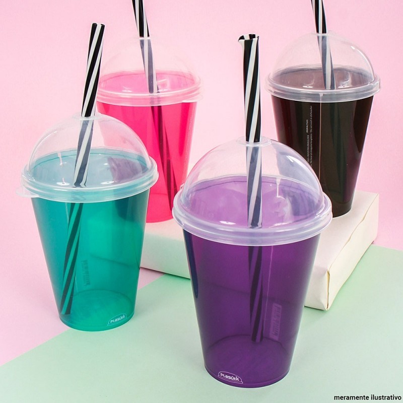 Copo Shake Colorido Com Tampa Canudo 270ml Plasútil