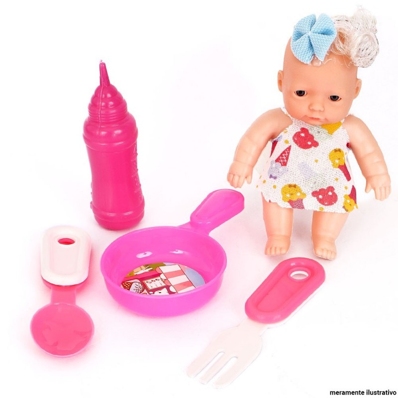 Kit Boneca Baby Com Mamadeira + Acessórios De Cozinha Infantil
