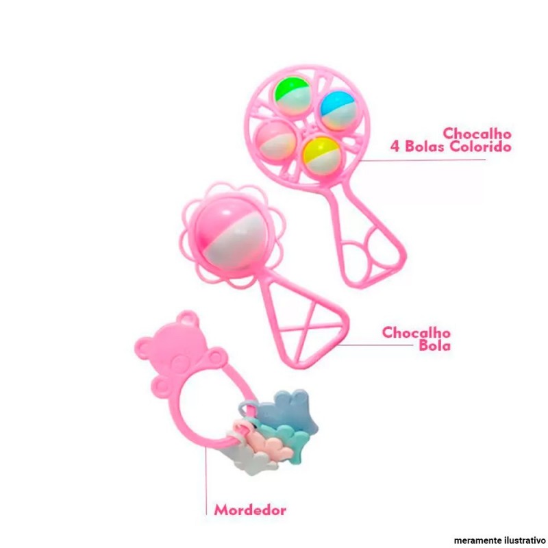 Kit Baby Play Infantil Chocalho E Mordedor 3 Peças