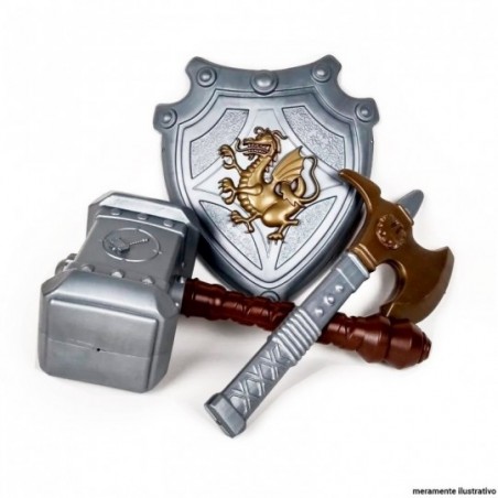 Kit Medieval Com Martelo + Escudo Machado Cavaleiro Dragão