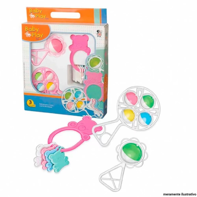 Kit Baby Play Infantil Chocalho E Mordedor Rosa 3 Peças