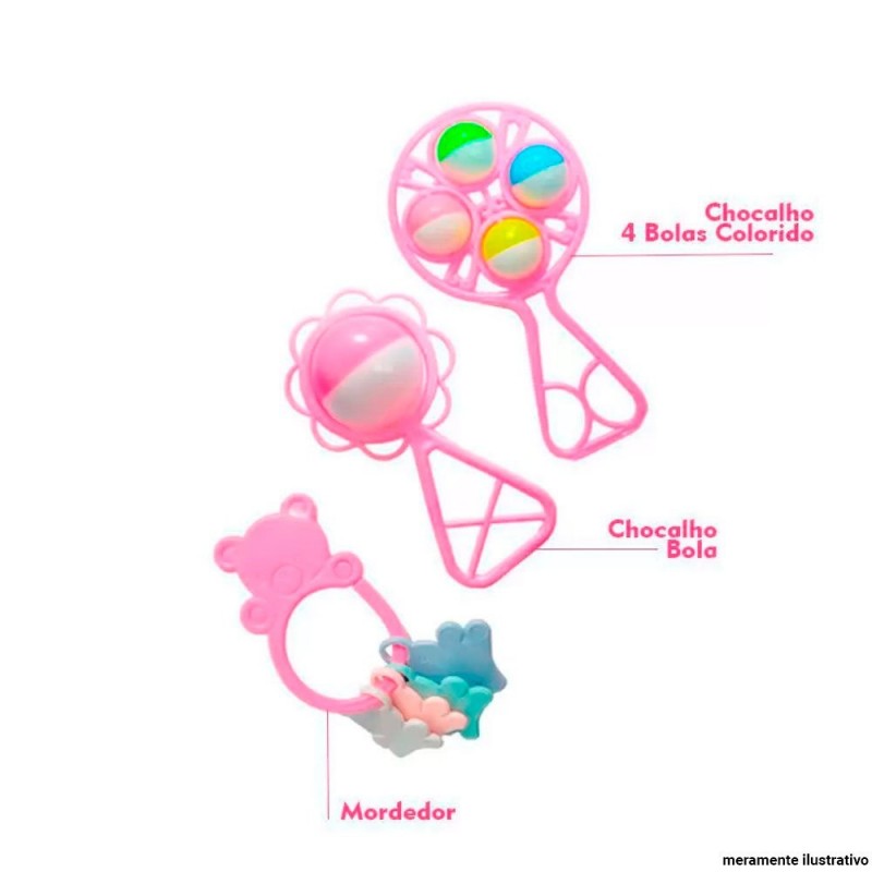 Kit Baby Play Infantil Chocalho E Mordedor Rosa 3 Peças