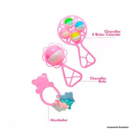 Kit Baby Play Infantil Chocalho E Mordedor Rosa 3 Peças