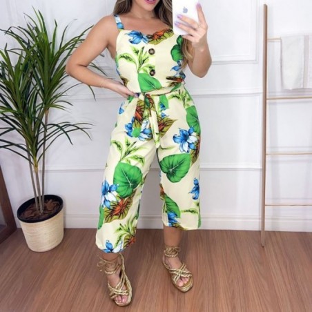 Macacão Pantalona Tropical Floral Alcinha Bojo Amarração