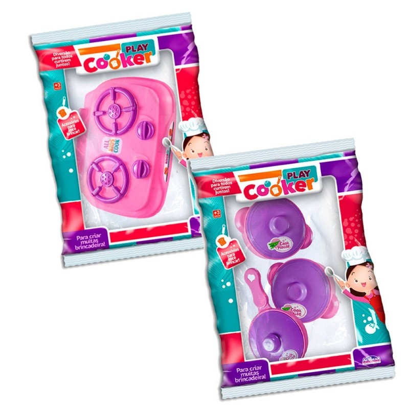 Kit Fogão + 3 Panelinhas Para Brincar Infantil 