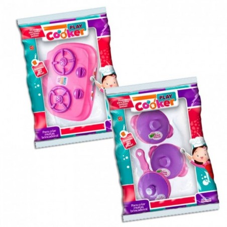 Kit Fogão + 3 Panelinhas Para Brincar Infantil 