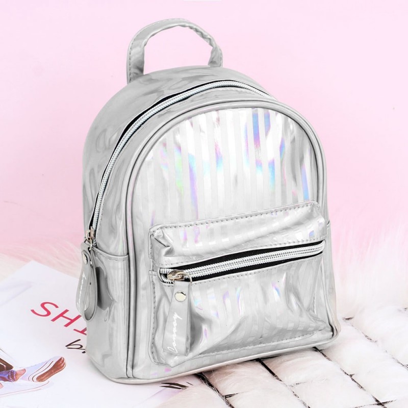 Bolsa Mochila Feminina Estampa Holográfica Com Listras