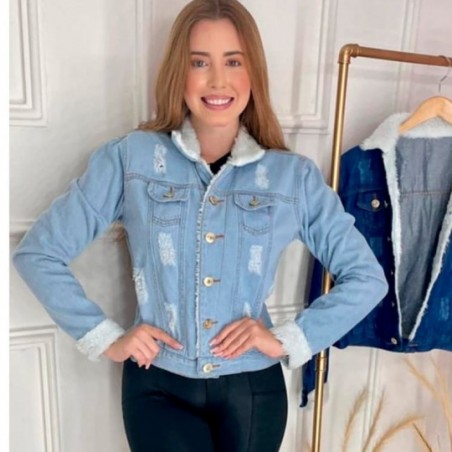 Jaqueta Jeans Feminina Destroyed C/ Pelinhos Gola Manga