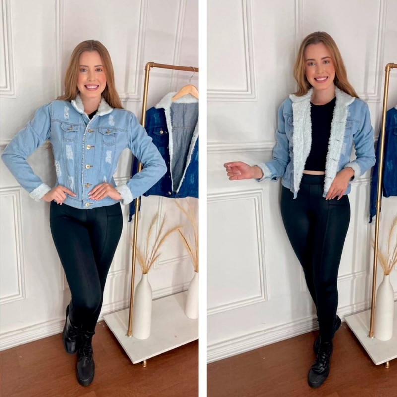 Jaqueta Jeans Feminina Destroyed C/ Pelinhos Gola Manga