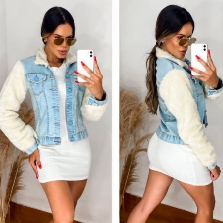 Jaqueta Jeans Feminina Manga Longa C/ Pelinhos Fecho Botão