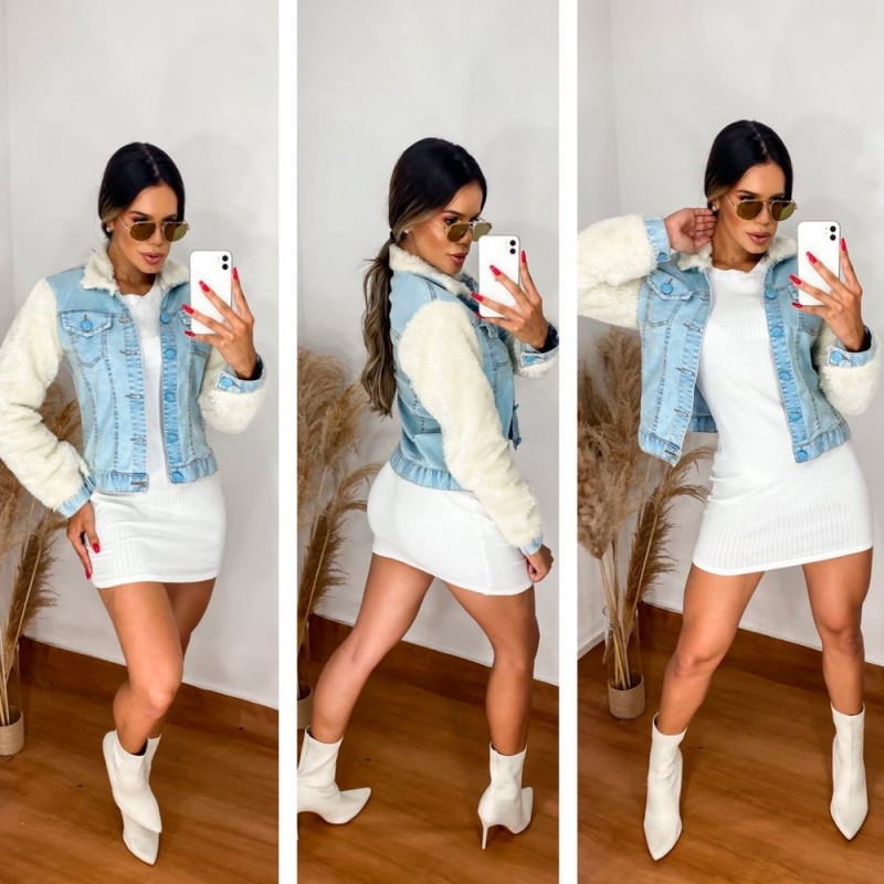 Jaqueta Jeans Feminina Manga Longa C/ Pelinhos Fecho Botão