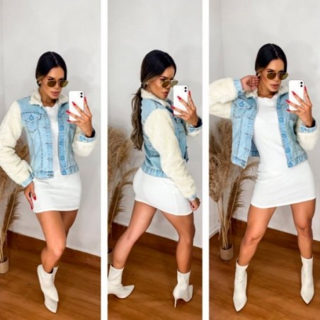 Jaqueta Jeans Feminina Manga Longa C/ Pelinhos Fecho Botão