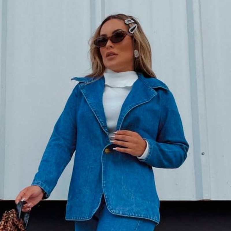 Jaqueta Blazer Feminina Jeans Manga Longa - Moda Inverno