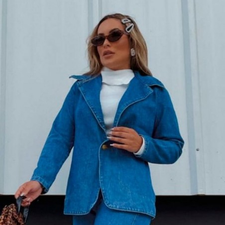 Jaqueta Blazer Feminina Jeans Manga Longa - Moda Inverno
