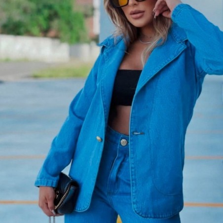 Jaqueta Blazer Feminina Jeans Manga Longa - Moda Inverno