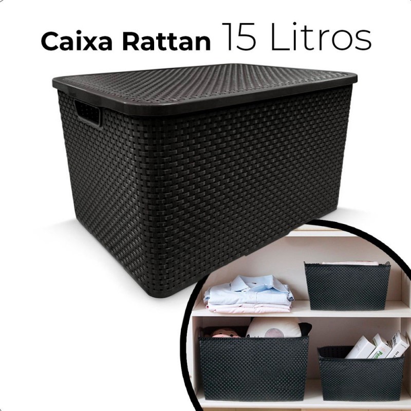 Caixa Organizadora Rattan Preta Grande 15 L - Arqplast