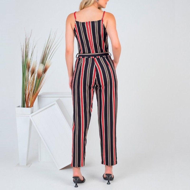Macacão Pantalona Feminino Listrado Com Cinto De Amarração
