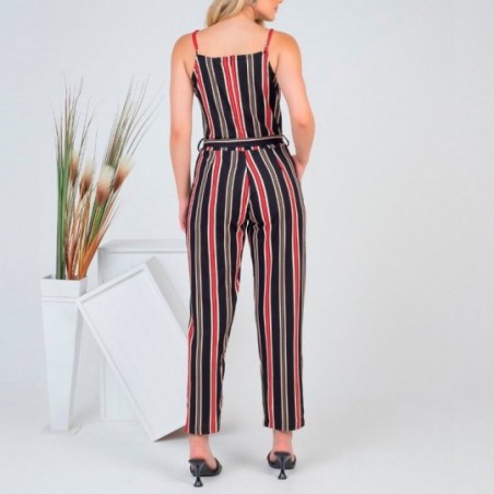 Macacão Pantalona Feminino Listrado Com Cinto De Amarração