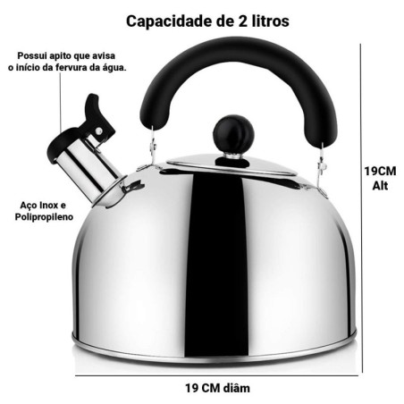 Chaleira C/ Apito 2 L Em Aço Inox Cabo Móvel - Fratelli