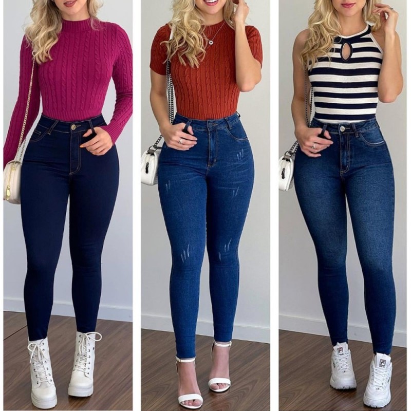 Calça Jeans Skinny Feminina Básica Azul Escuro 36 Ao 46