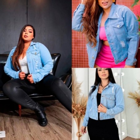 Jaqueta Jeans Feminina Básica Destroyed Com Botões Azul Claro