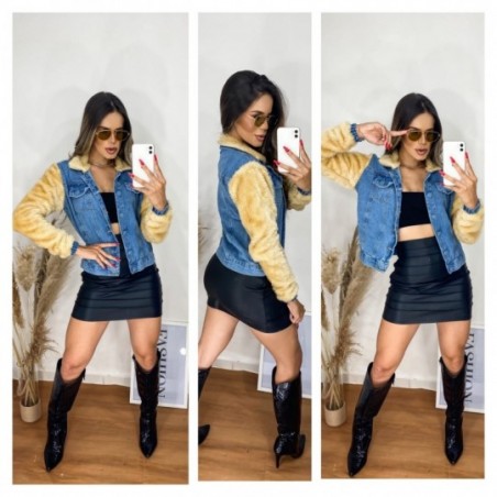 Jaqueta Jeans Feminina Manga Longa Com Pelinhos Fecho Botão