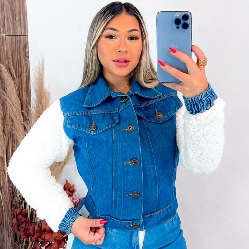 Jaqueta Jeans Feminina Manga Longa C/ Pelinhos Fecho Botão