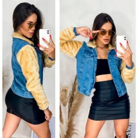 Jaqueta Jeans Feminina Manga Longa Com Pelinhos Fecho Botão