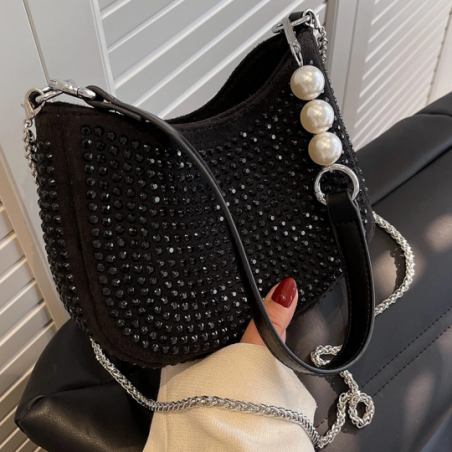 Bolsa Baguete Feminina Luxo Strass Correntes Pérolas