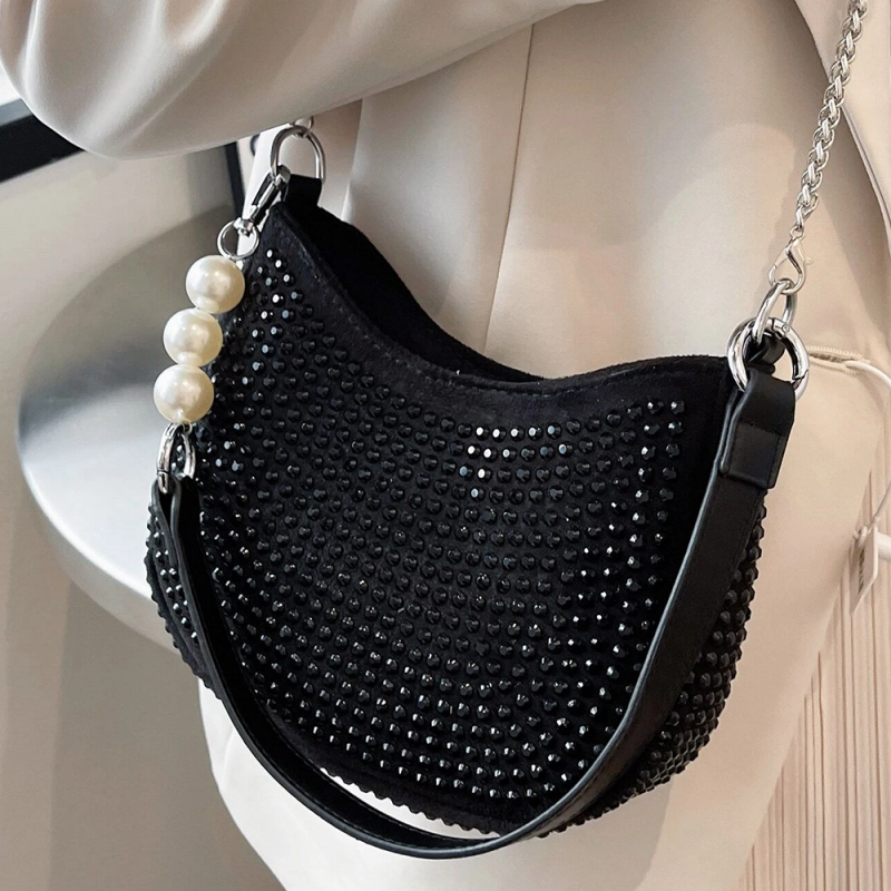 Bolsa Baguete Feminina Luxo Strass Correntes Pérolas