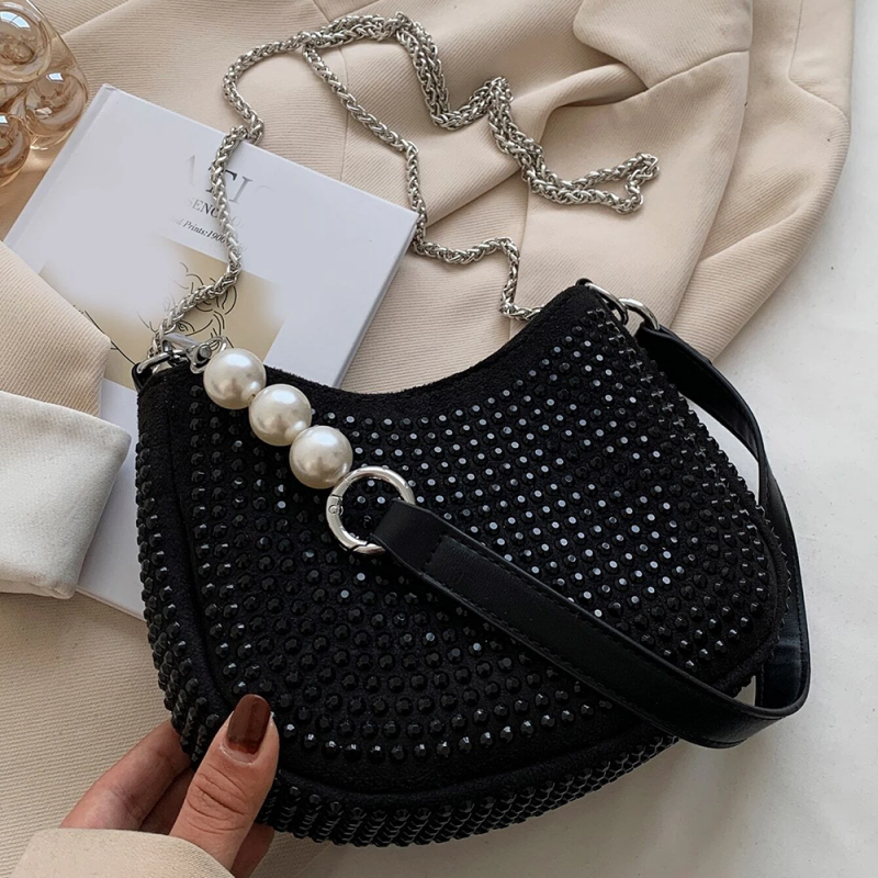 Bolsa Baguete Feminina Luxo Strass Correntes Pérolas