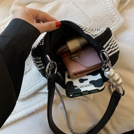Bolsa Baguete Feminina Luxo Strass Correntes Pérolas