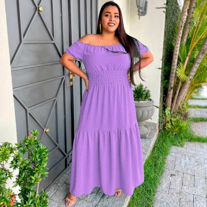Vestido Longo Feminino Plus Size Duna Pipoca Manga Ciganinha