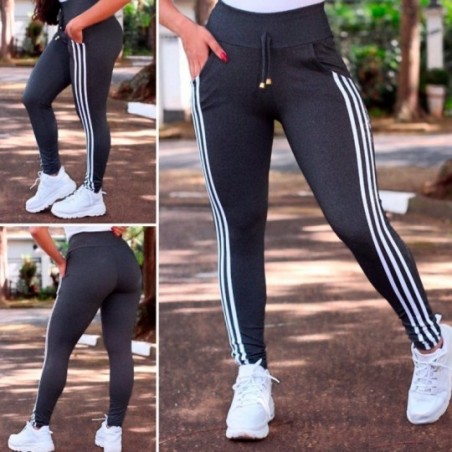 Calça Feminina Modelo Legging Cotton Com Listras Bolsos Laterais