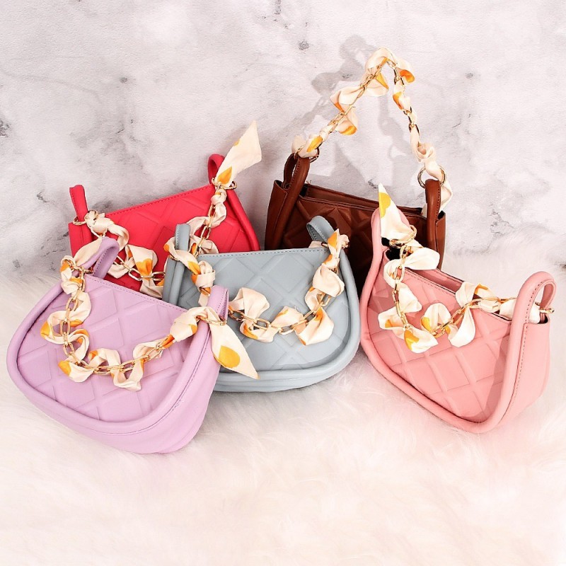 Bolsa Luxo Alto Relevo Baguete Feminina Com Correntes E Lenço