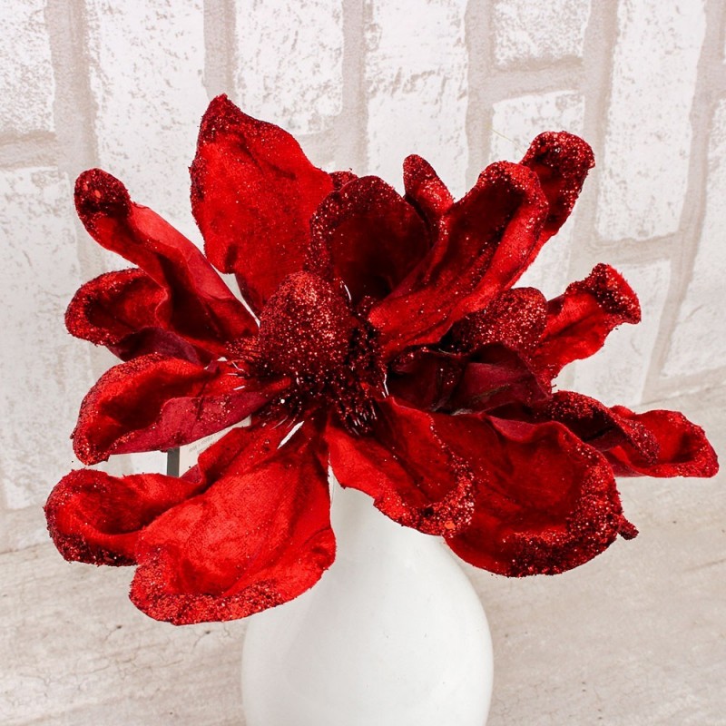 Pick Natalino Enfeite Glitter Flor Vermelha 19 Cm Atacado