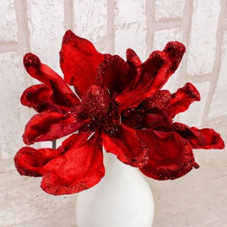 Pick Natalino Enfeite Glitter Flor Vermelha 19 Cm Atacado