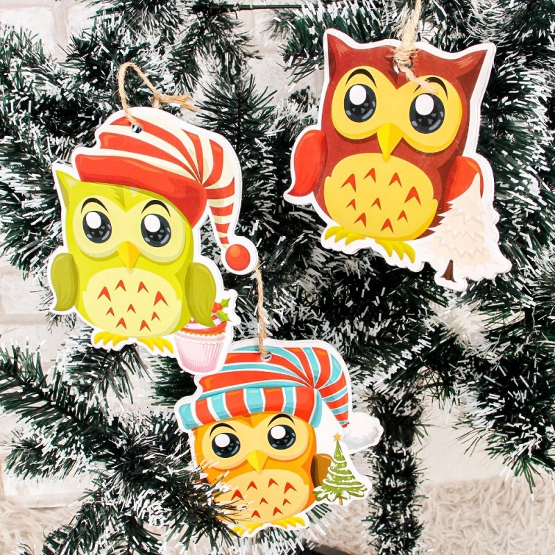 Kit 3 Corujas De Natal Sortidas Enfeite Pendurar 12x12 cm