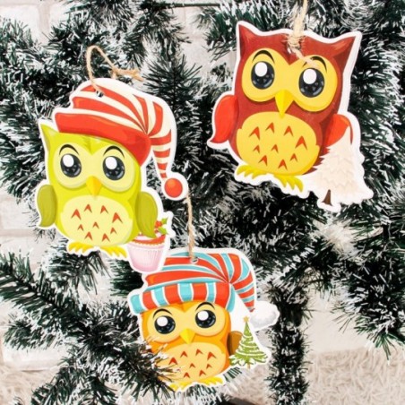 Kit 3 Corujas De Natal Sortidas Enfeite Pendurar 12x12 cm