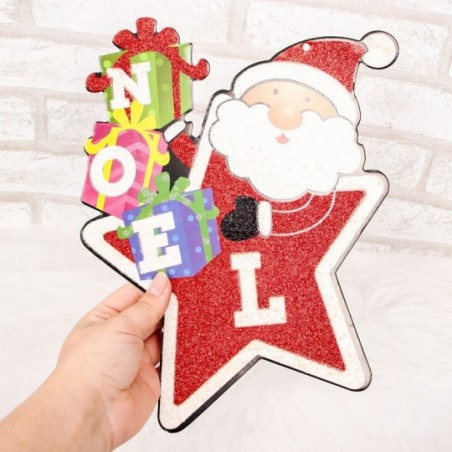 Enfeite Placa Decorativa Papai Noel Com Glitter 28 Cm